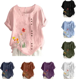 Women Summer Linen Tops Short Sleeve Blouse Comfy Boho Tshirt Floral Tees Comfy T Shirt Cute Shirts Loose T-shirt