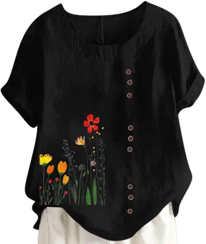 Women Summer Linen Tops Short Sleeve Blouse Comfy Boho Tshirt Floral Tees Comfy T Shirt Cute Shirts Loose T-shirt