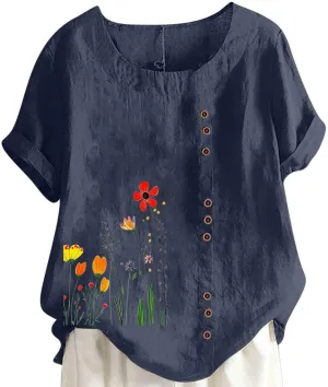 Women Summer Linen Tops Short Sleeve Blouse Comfy Boho Tshirt Floral Tees Comfy T Shirt Cute Shirts Loose T-shirt