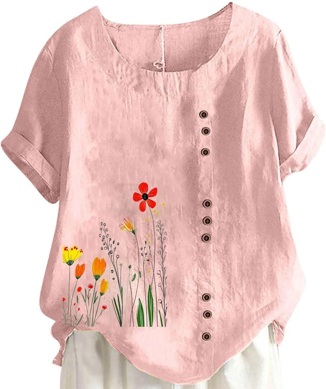 Women Summer Linen Tops Short Sleeve Blouse Comfy Boho Tshirt Floral Tees Comfy T Shirt Cute Shirts Loose T-shirt