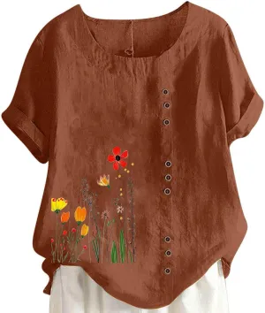 Women Summer Linen Tops Short Sleeve Blouse Comfy Boho Tshirt Floral Tees Comfy T Shirt Cute Shirts Loose T-shirt