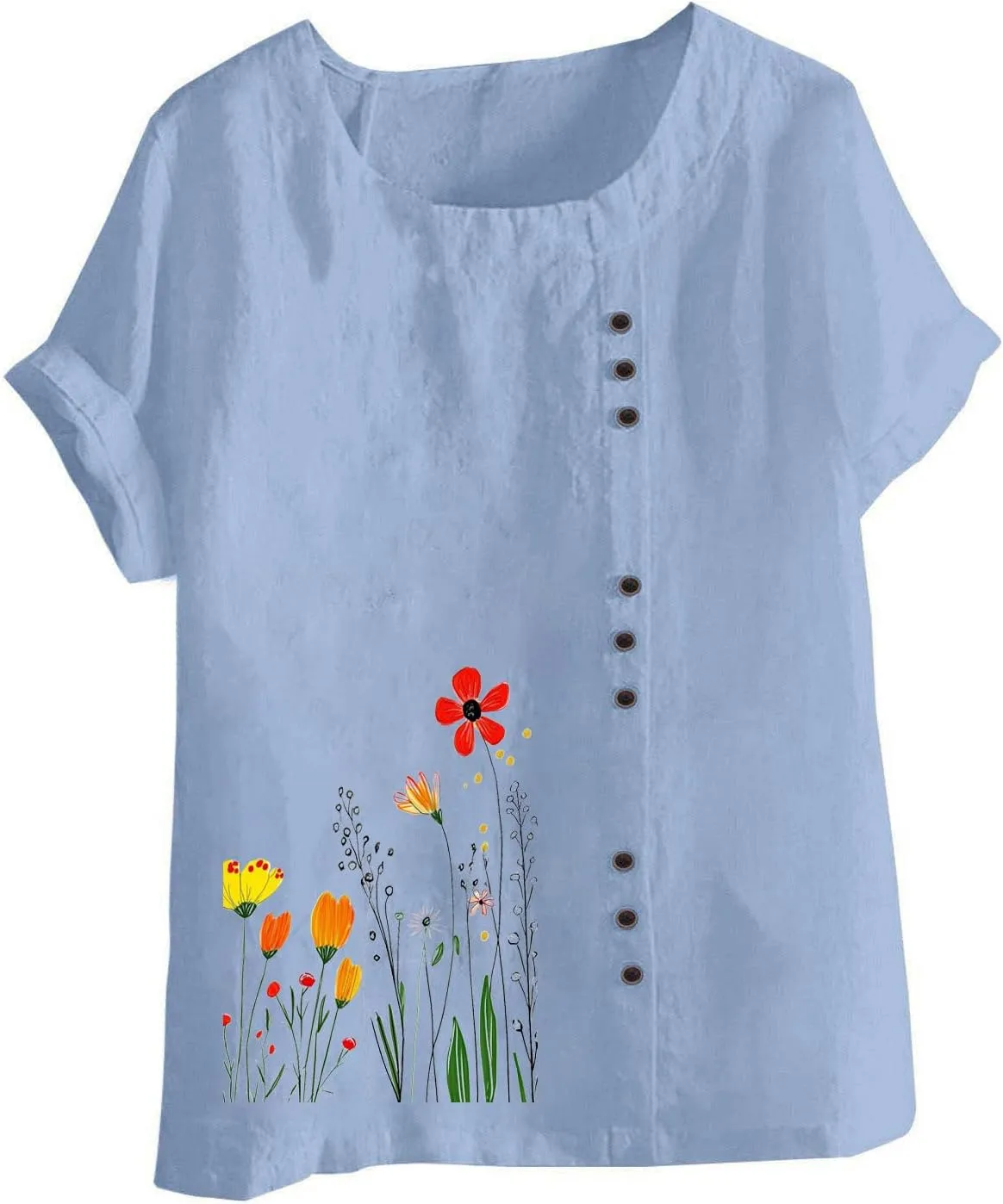 Women Summer Linen Tops Short Sleeve Blouse Comfy Boho Tshirt Floral Tees Comfy T Shirt Cute Shirts Loose T-shirt