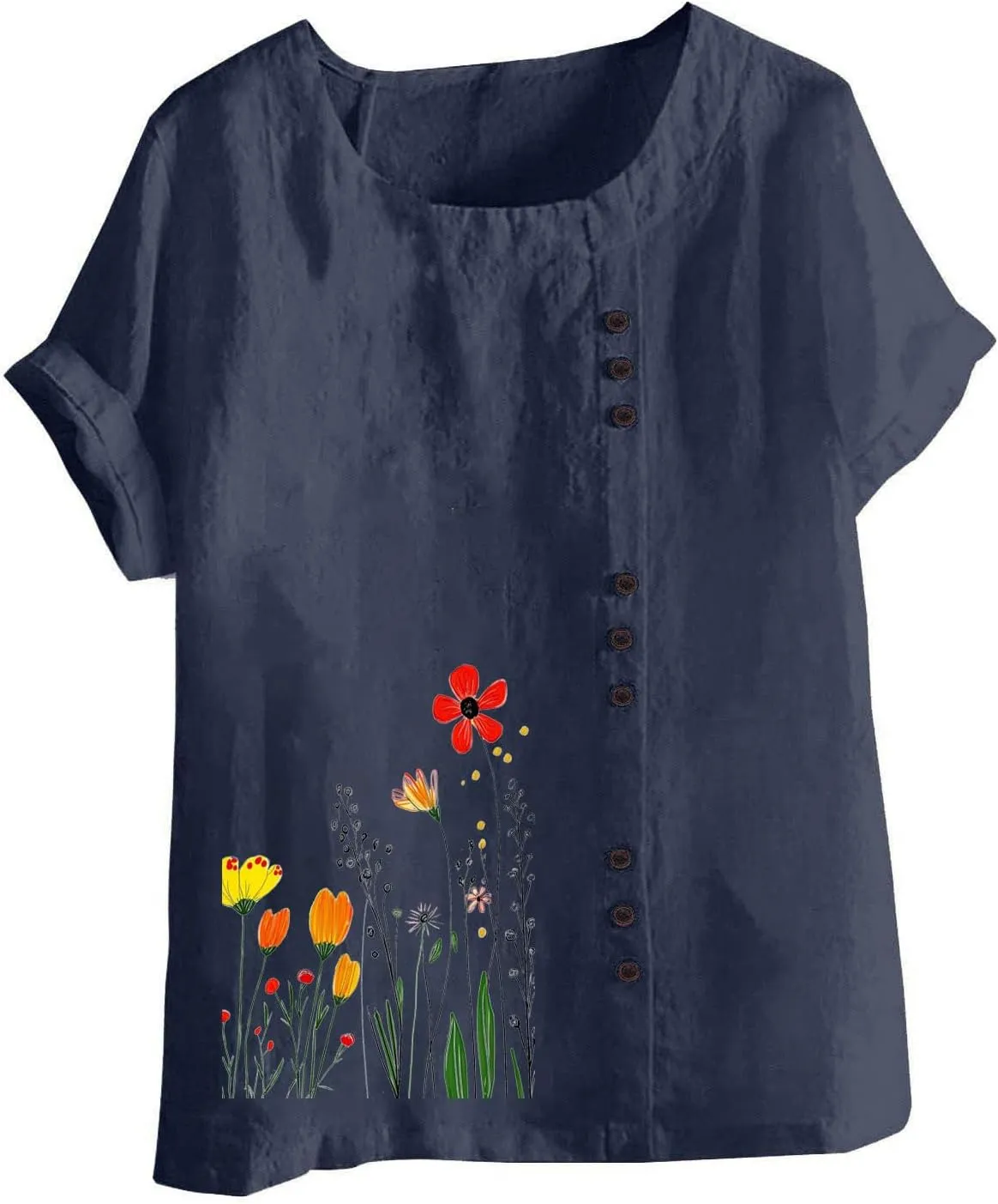 Women Summer Linen Tops Short Sleeve Blouse Comfy Boho Tshirt Floral Tees Comfy T Shirt Cute Shirts Loose T-shirt