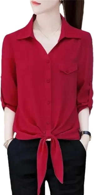 Women’S Commuter Blouse 3/4 Sleeve Polo Neck Single-Breasted Lace Detail Spring Tops