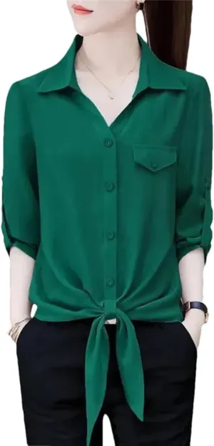 Women’S Commuter Blouse 3/4 Sleeve Polo Neck Single-Breasted Lace Detail Spring Tops