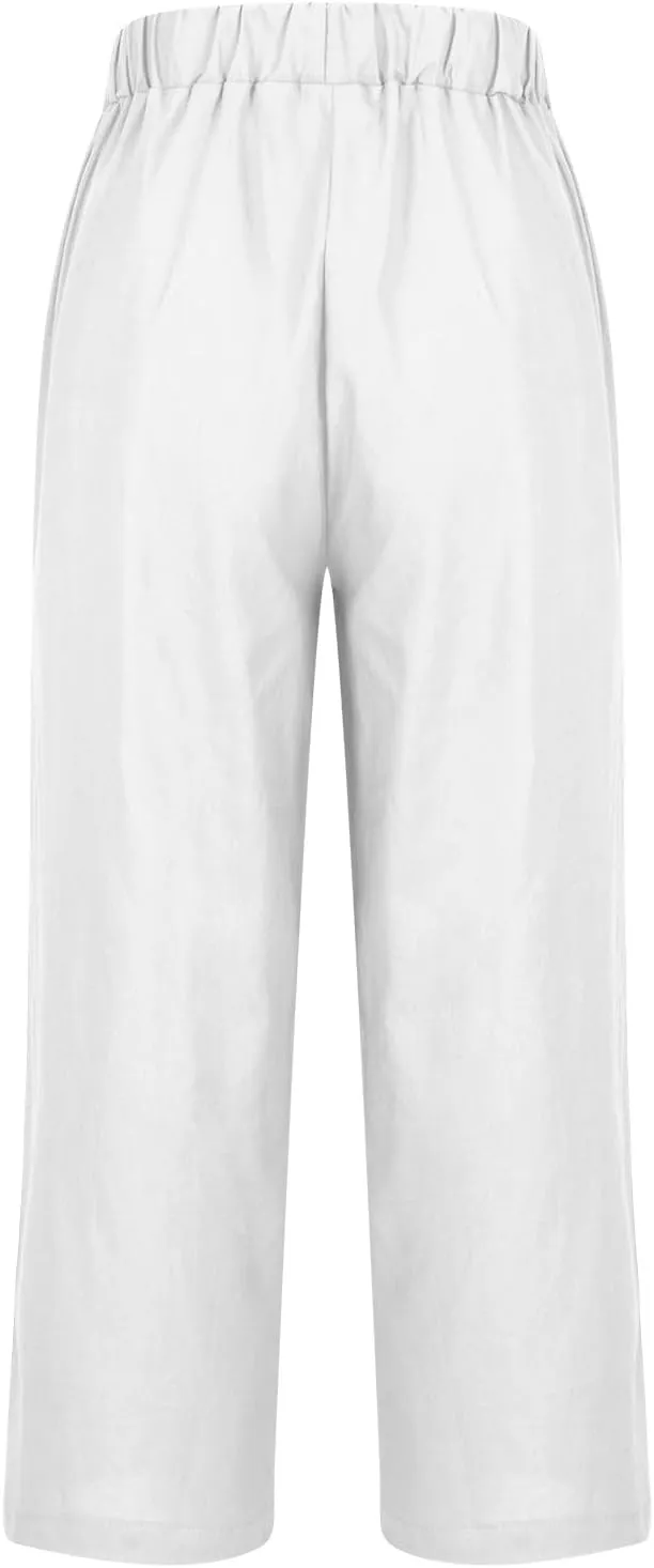 Women's Cotton Linen Pants Drawstring Straight Leg Pants Casual Loose Fit Wide Leg Trousers with Pockets