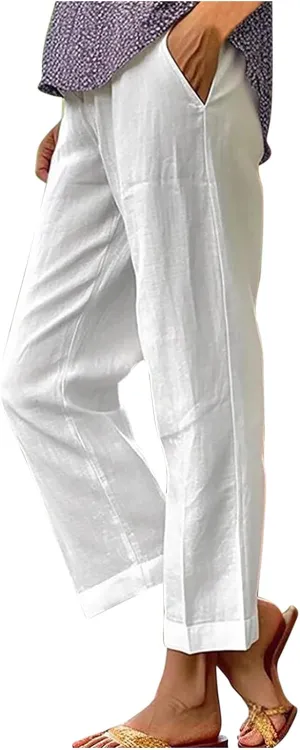 Women's Cotton Linen Pants Drawstring Straight Leg Pants Casual Loose Fit Wide Leg Trousers with Pockets