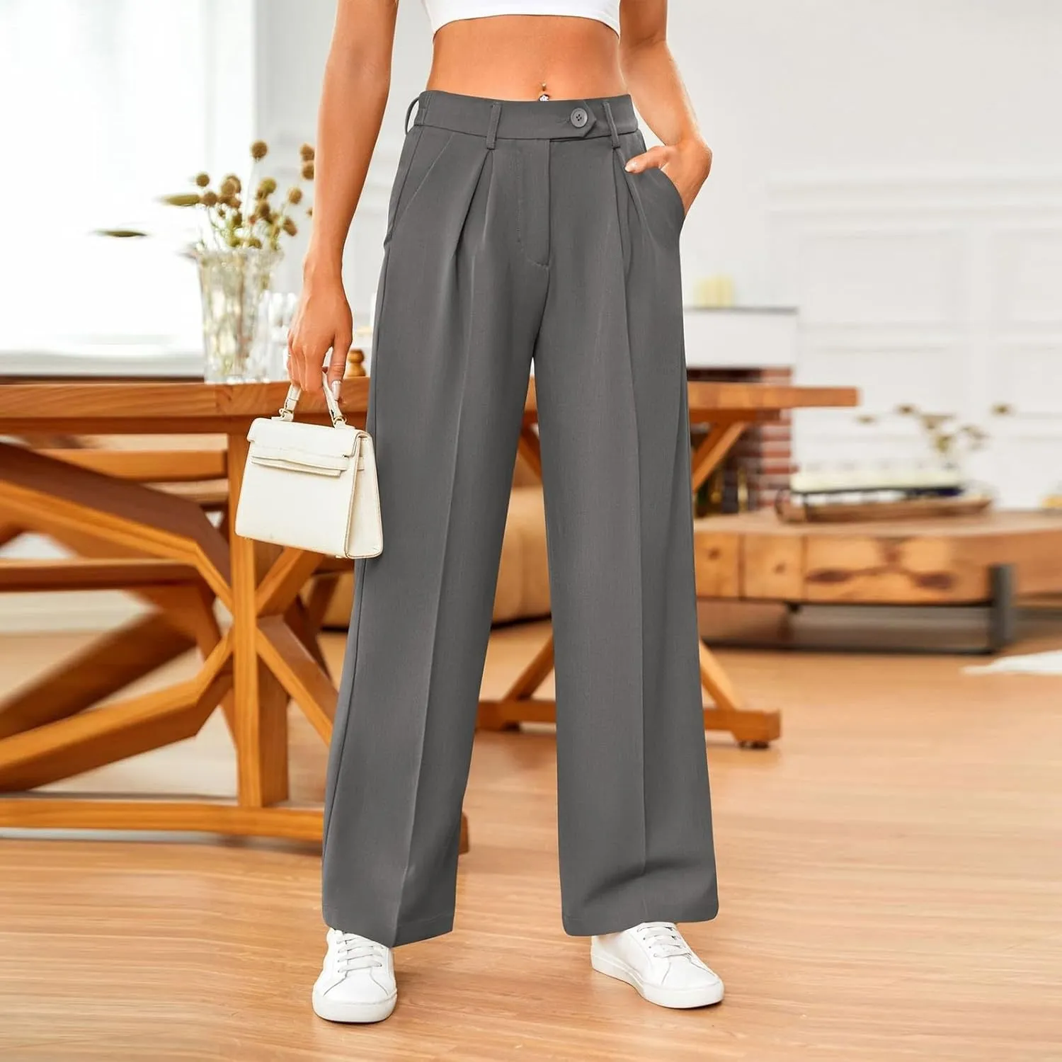 Women's Fashion Wide Leg Loose Pants Business Casual Straight Office Trousers for Women, X-Small-X-Large