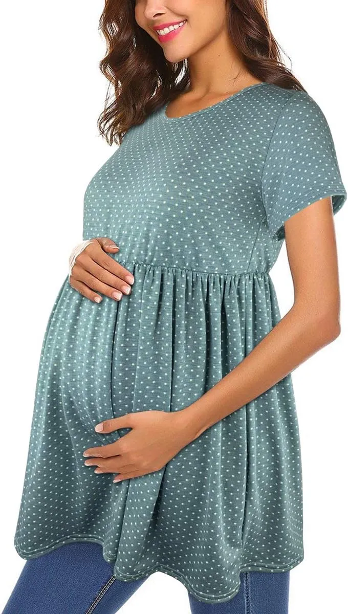 Womens Flattering Maternity Tops Comfy Short Sleeve Pleated Pregnancy Shirt
