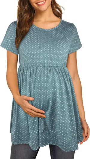 Womens Flattering Maternity Tops Comfy Short Sleeve Pleated Pregnancy Shirt