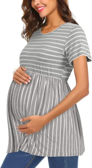 Womens Flattering Maternity Tops Comfy Short Sleeve Pleated Pregnancy Shirt