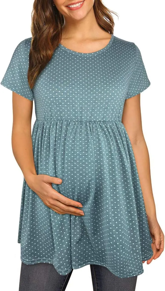 Womens Flattering Maternity Tops Comfy Short Sleeve Pleated Pregnancy Shirt