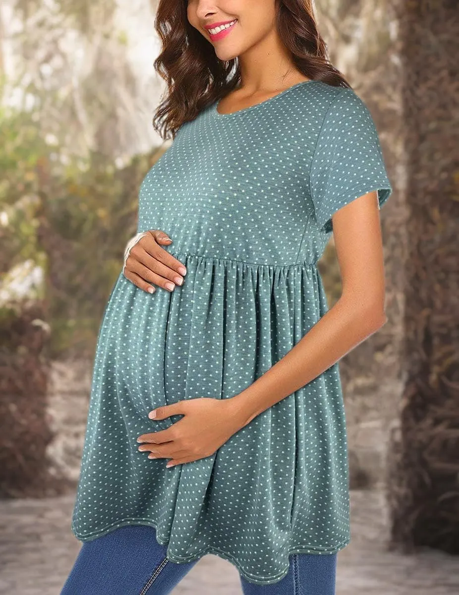 Womens Flattering Maternity Tops Comfy Short Sleeve Pleated Pregnancy Shirt