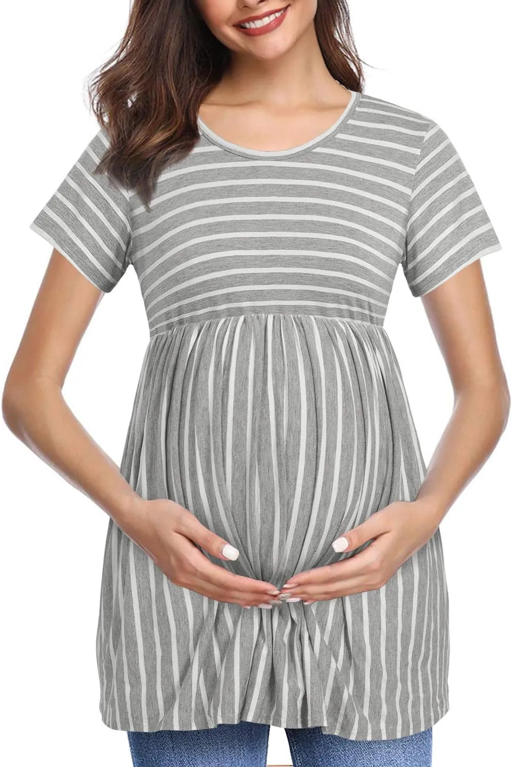Womens Flattering Maternity Tops Comfy Short Sleeve Pleated Pregnancy Shirt