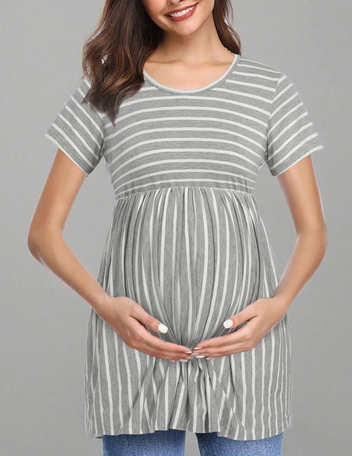 Womens Flattering Maternity Tops Comfy Short Sleeve Pleated Pregnancy Shirt