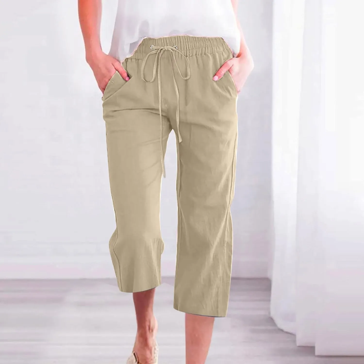 Women's Linen Capris Fashion Tapered Crop Pants Drawstring Elastic Waist Yoga Pants 2024 Casual Summer Pants