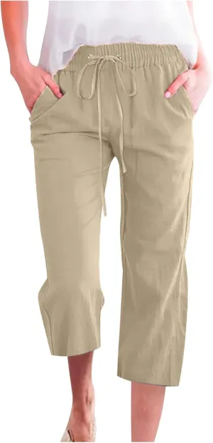 Women's Linen Capris Fashion Tapered Crop Pants Drawstring Elastic Waist Yoga Pants 2024 Casual Summer Pants