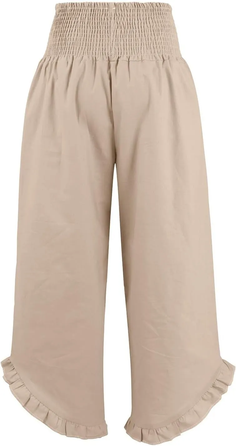 Womens Oversized Linen Trousers Plus Size Wide Leg Smocked Waist Ruffle Hem Fashion Pants Office Dress Casual Trouser