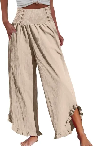 Womens Oversized Linen Trousers Plus Size Wide Leg Smocked Waist Ruffle Hem Fashion Pants Office Dress Casual Trouser