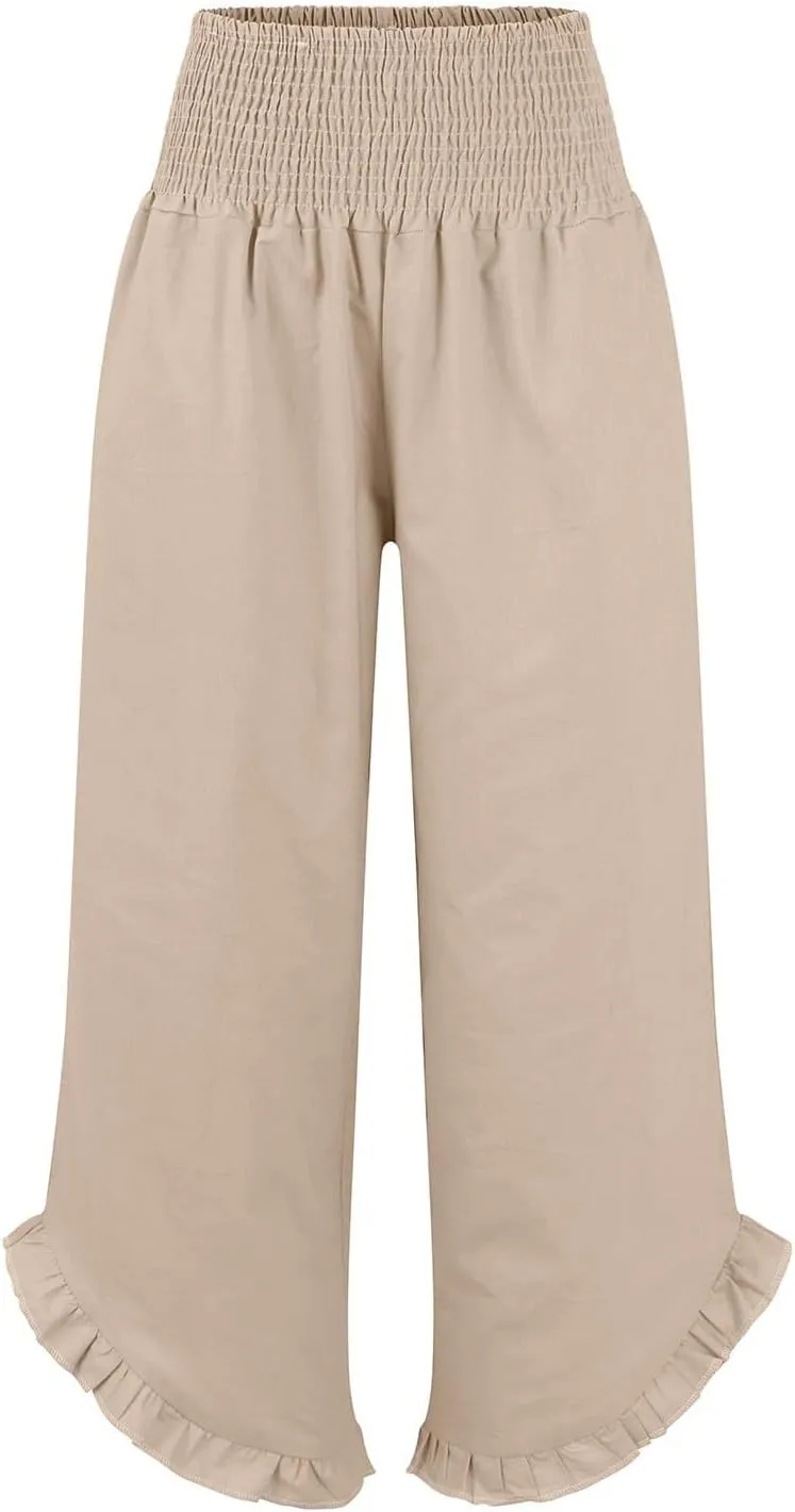 Womens Oversized Linen Trousers Plus Size Wide Leg Smocked Waist Ruffle Hem Fashion Pants Office Dress Casual Trouser