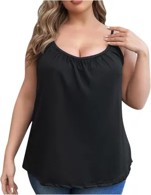 Women's Plus Size Tank Tops with Built in Bras Front Pleated U Neck Comfy Soft Laryered Shirts Comfy Undershirt