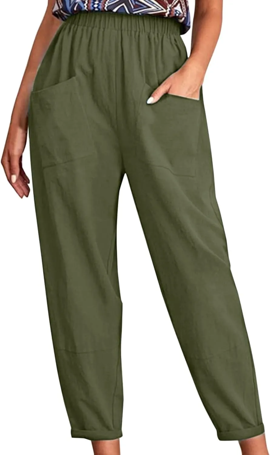 Women's Solid Casual Elastic Belt High Waist Running Sweatpants Cotton Linen Lightweight Straight Leg Fitted Cropped Trousers
