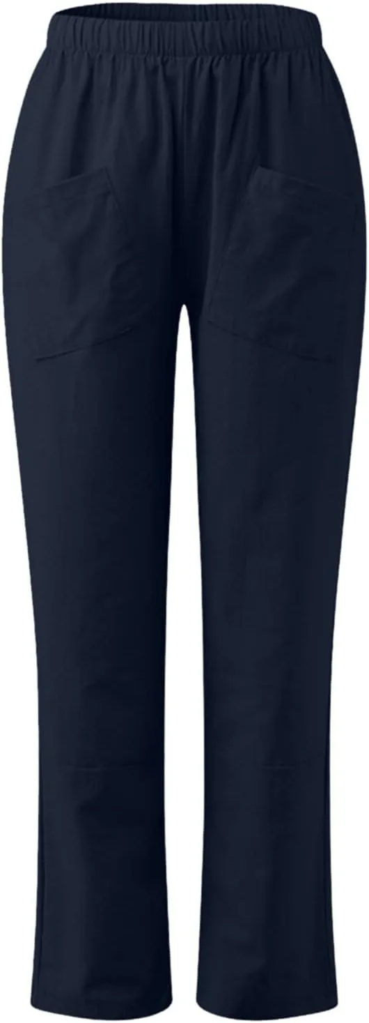 Women's Solid Casual Elastic Belt High Waist Running Sweatpants Cotton Linen Lightweight Straight Leg Fitted Cropped Trousers