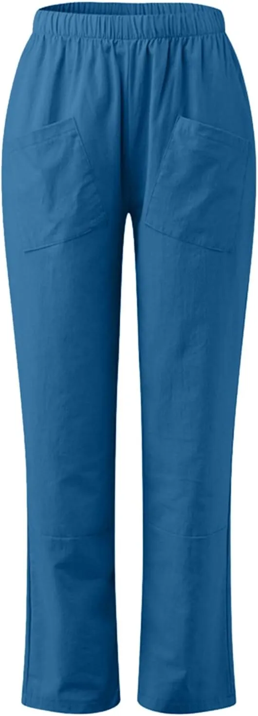 Women's Solid Casual Elastic Belt High Waist Running Sweatpants Cotton Linen Lightweight Straight Leg Fitted Cropped Trousers