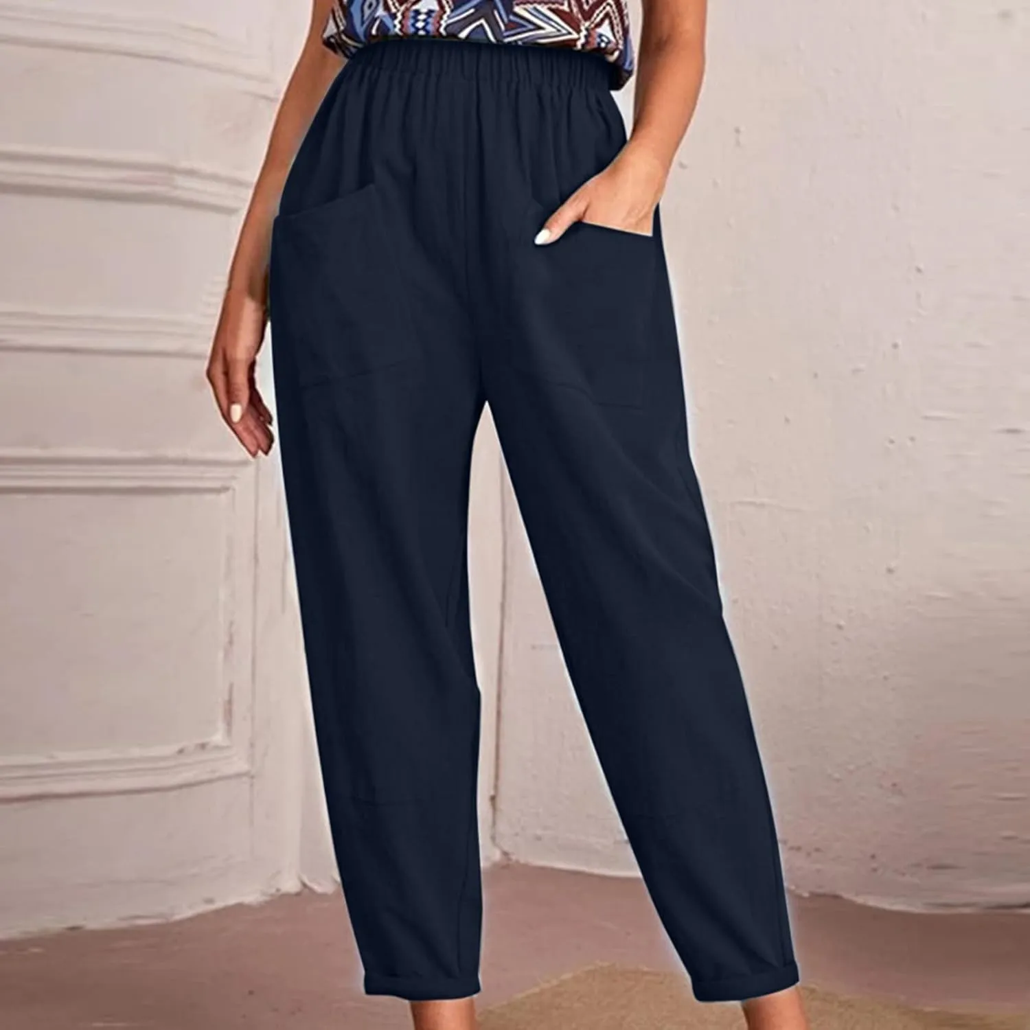 Women's Solid Casual Elastic Belt High Waist Running Sweatpants Cotton Linen Lightweight Straight Leg Fitted Cropped Trousers