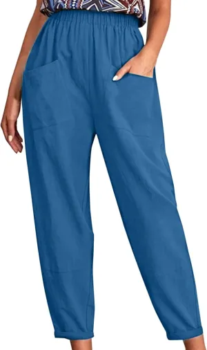 Women's Solid Casual Elastic Belt High Waist Running Sweatpants Cotton Linen Lightweight Straight Leg Fitted Cropped Trousers