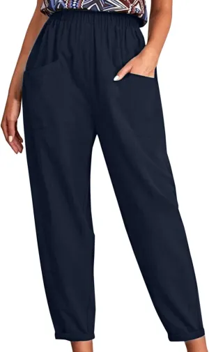 Women's Solid Casual Elastic Belt High Waist Running Sweatpants Cotton Linen Lightweight Straight Leg Fitted Cropped Trousers
