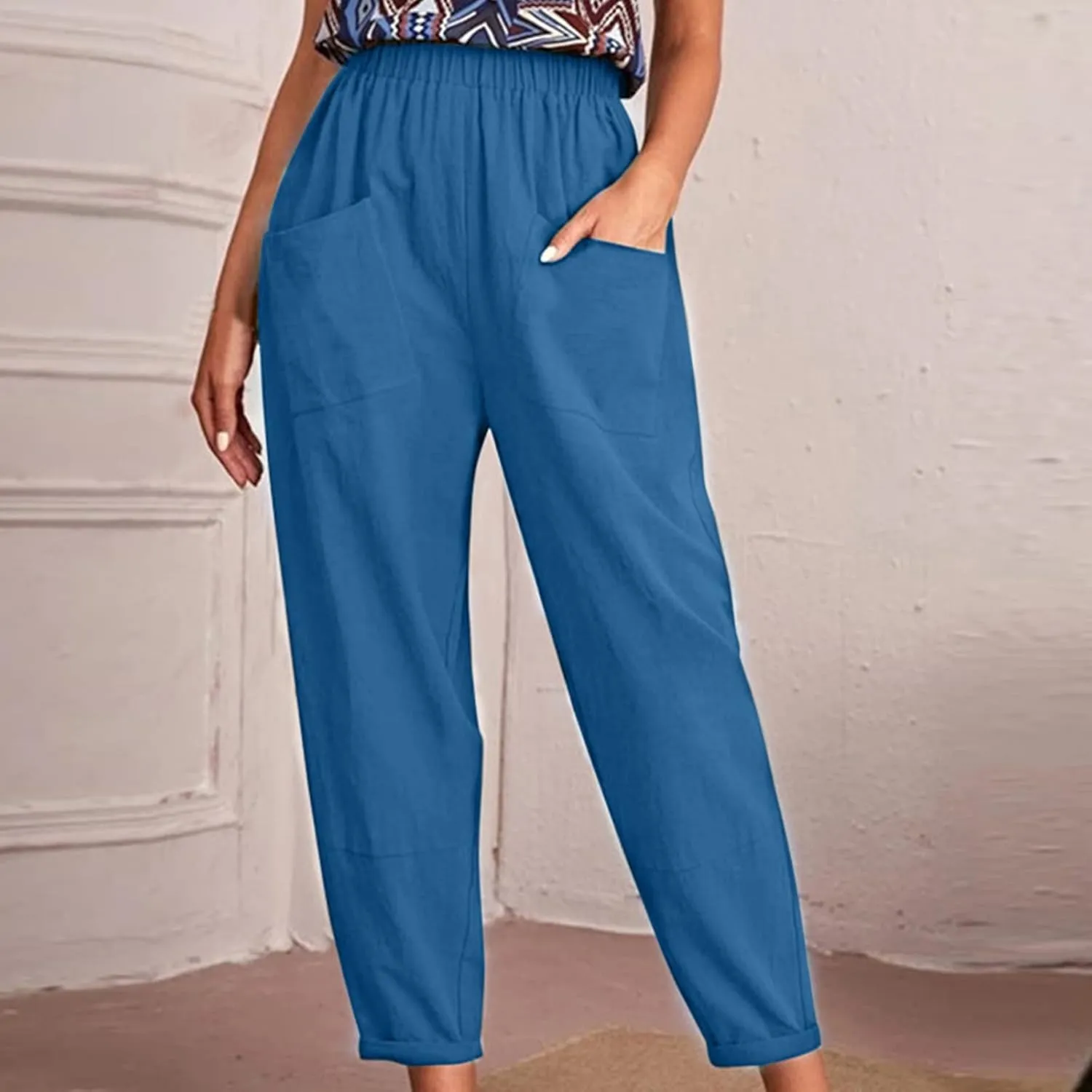 Women's Solid Casual Elastic Belt High Waist Running Sweatpants Cotton Linen Lightweight Straight Leg Fitted Cropped Trousers