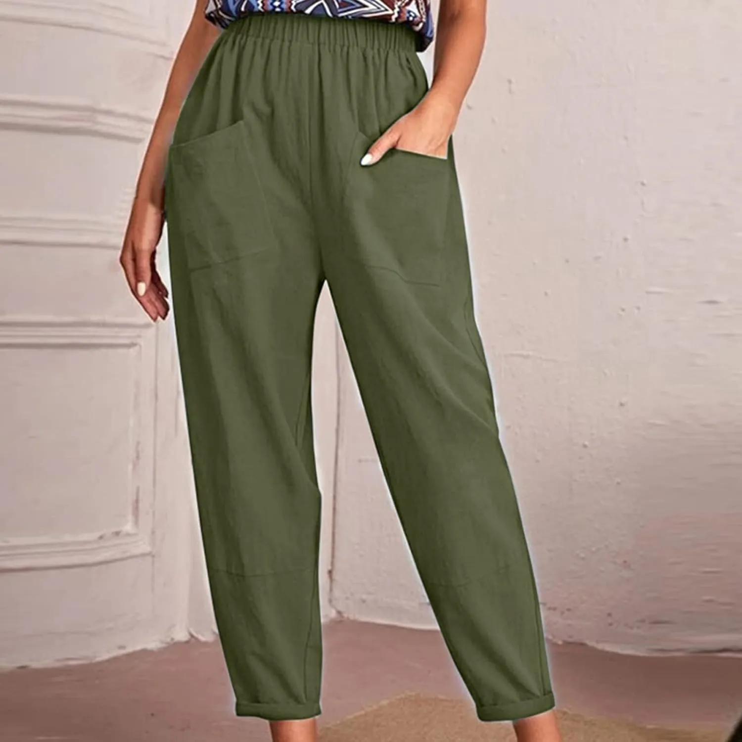 Women's Solid Casual Elastic Belt High Waist Running Sweatpants Cotton Linen Lightweight Straight Leg Fitted Cropped Trousers