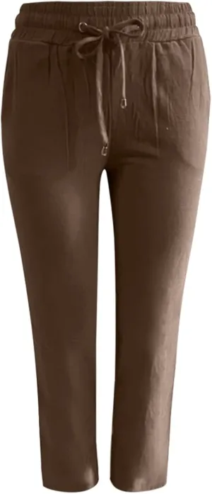 Women's Solid Color Drawstring Lounge Trousers with Pockets Cotton Linen Elastic Waist Straight Leg Comfy Fitted Pants