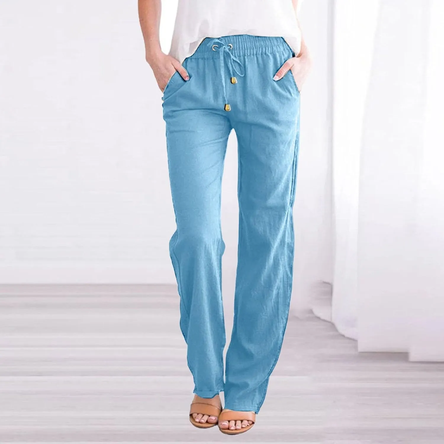 Women's Solid Color Drawstring Lounge Trousers with Pockets Cotton Linen Elastic Waist Straight Leg Comfy Fitted Pants