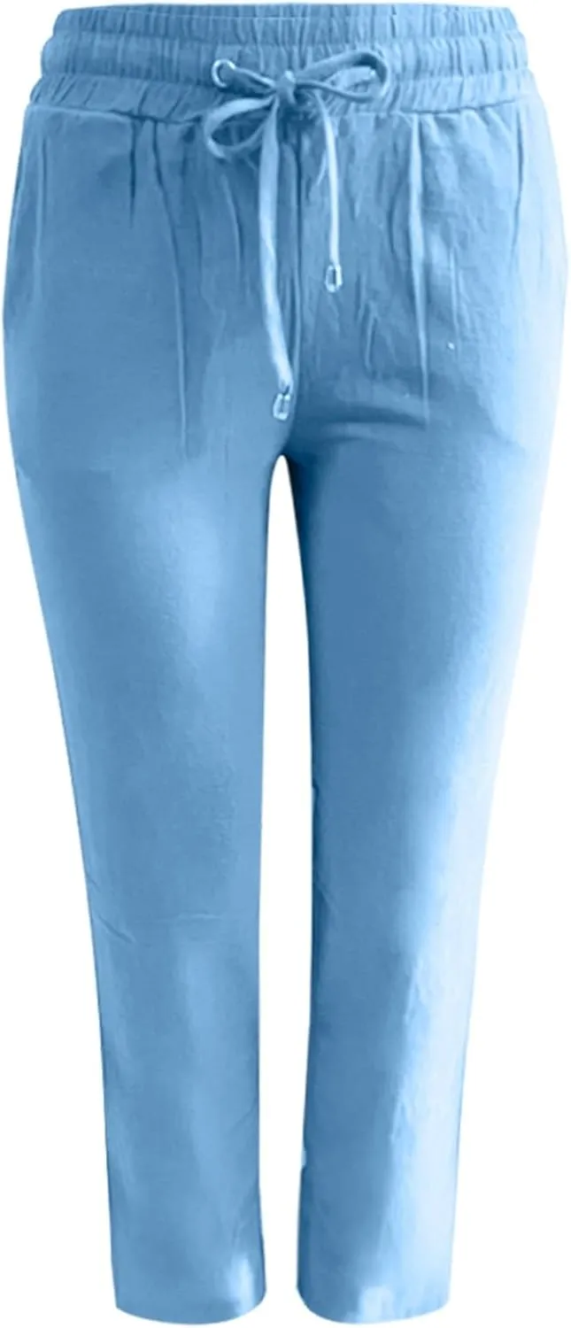 Women's Solid Color Drawstring Lounge Trousers with Pockets Cotton Linen Elastic Waist Straight Leg Comfy Fitted Pants