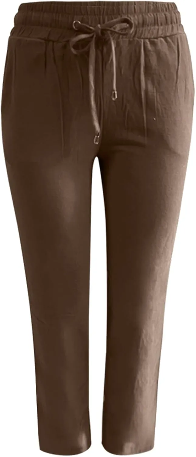 Women's Solid Color Drawstring Lounge Trousers with Pockets Cotton Linen Elastic Waist Straight Leg Comfy Fitted Pants