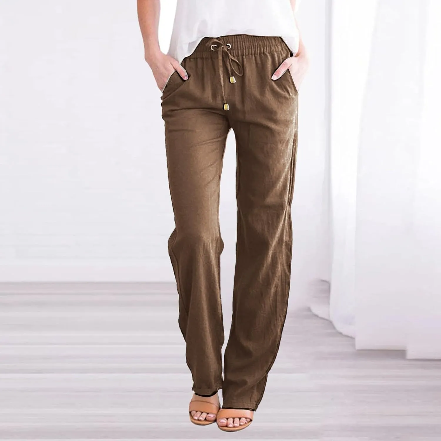 Women's Solid Color Drawstring Lounge Trousers with Pockets Cotton Linen Elastic Waist Straight Leg Comfy Fitted Pants