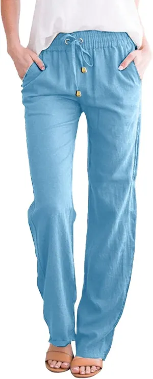Women's Solid Color Drawstring Lounge Trousers with Pockets Cotton Linen Elastic Waist Straight Leg Comfy Fitted Pants