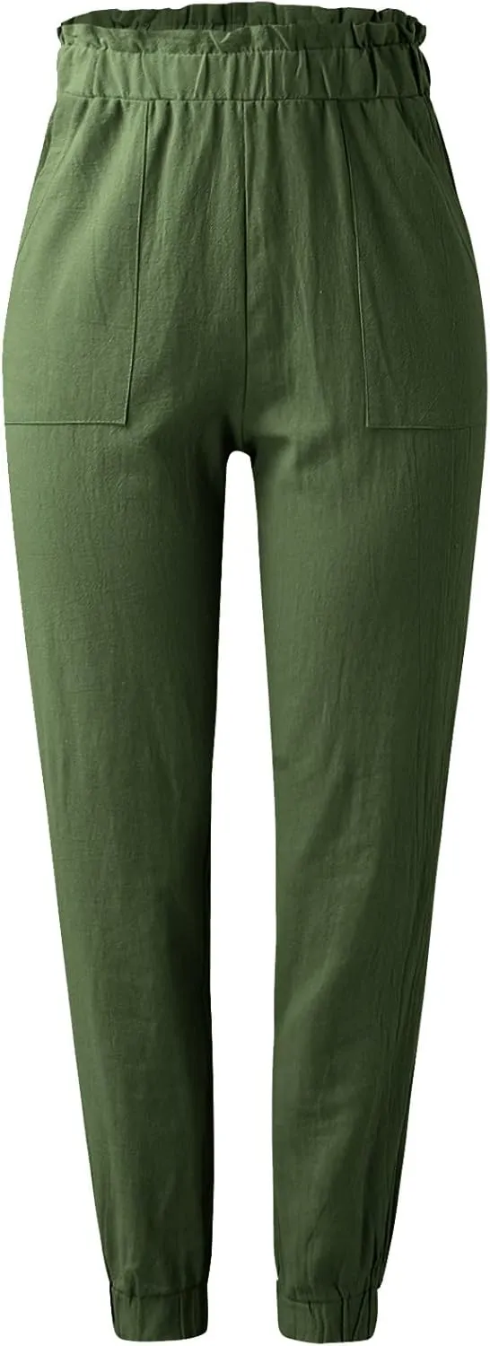 Women's Solid Color Fitted Elastic High Waist Joggers Summer Cotton Linen Soft Straight Leg Pockets Sweatpants Trousers