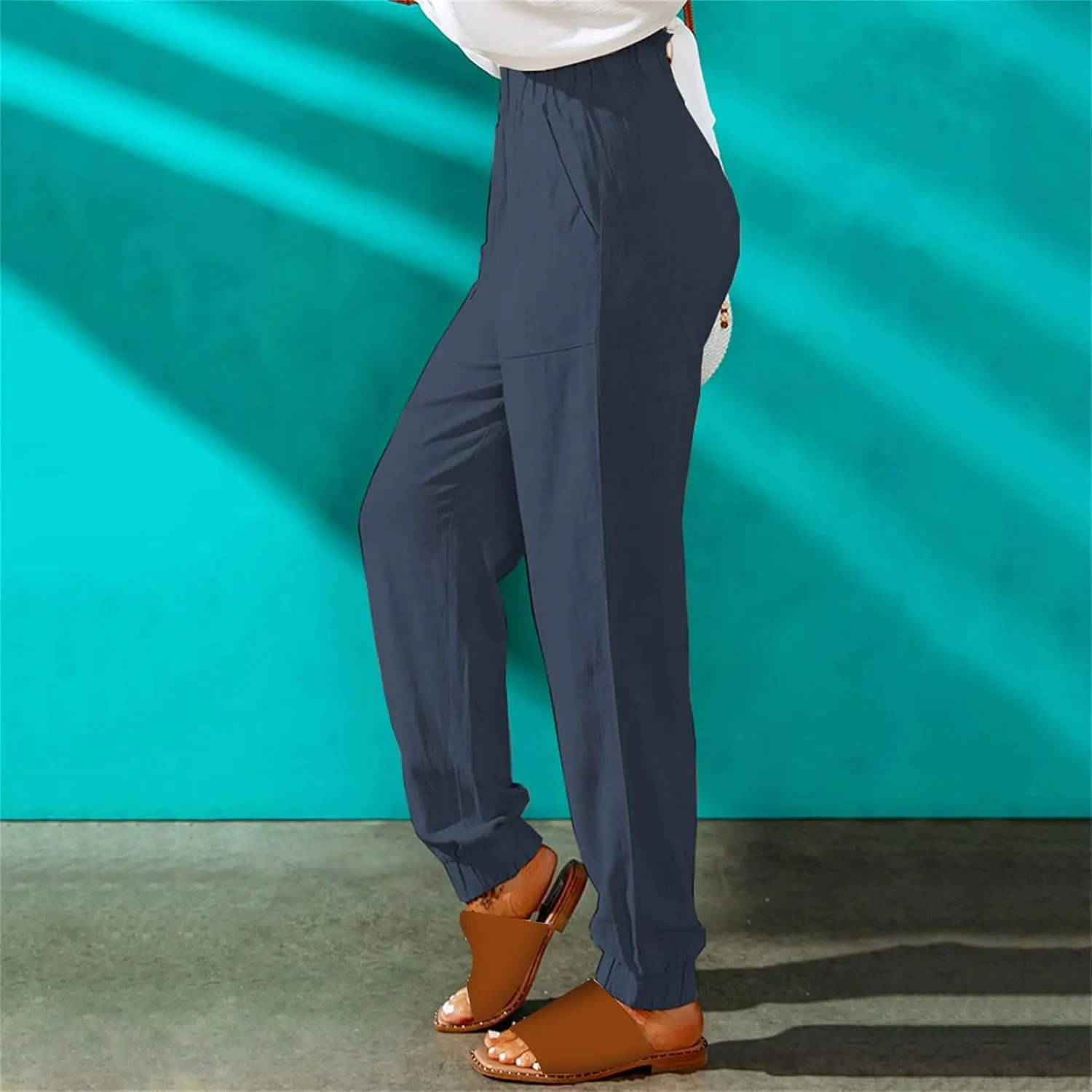 Women's Solid Color Fitted Elastic High Waist Joggers Summer Cotton Linen Soft Straight Leg Pockets Sweatpants Trousers