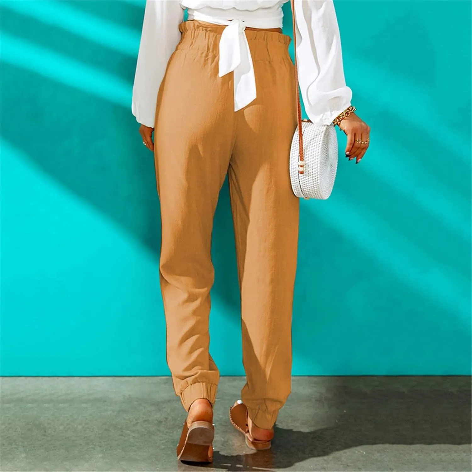 Women's Solid Color Fitted Elastic High Waist Joggers Summer Cotton Linen Soft Straight Leg Pockets Sweatpants Trousers