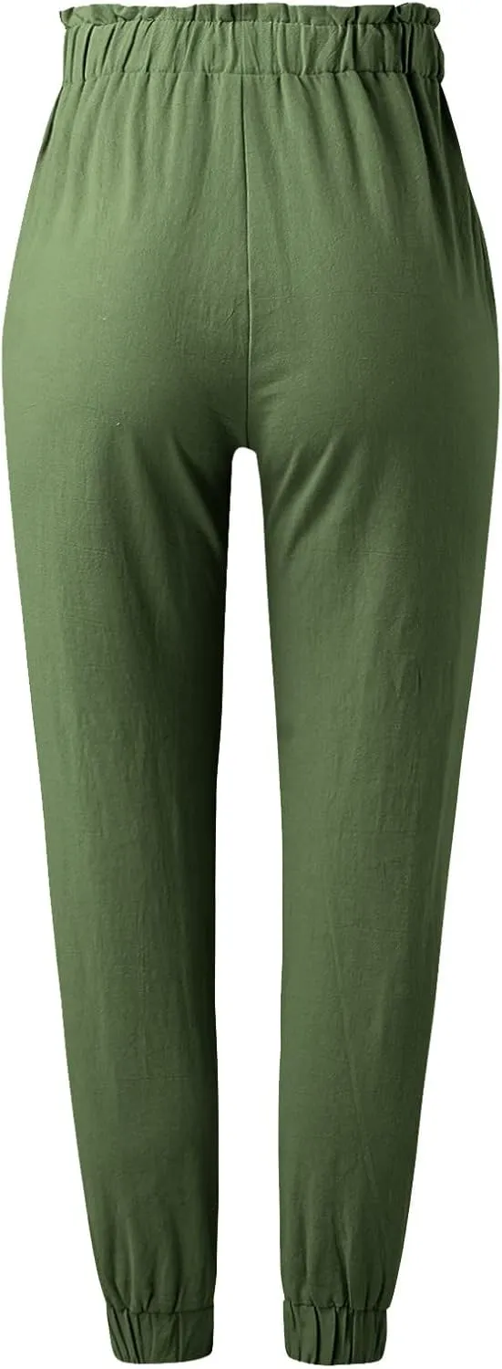 Women's Solid Color Fitted Elastic High Waist Joggers Summer Cotton Linen Soft Straight Leg Pockets Sweatpants Trousers