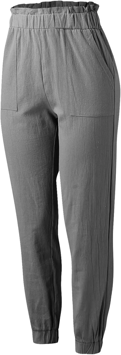 Women's Solid Color Fitted Elastic High Waist Joggers Summer Cotton Linen Soft Straight Leg Pockets Sweatpants Trousers