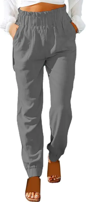 Women's Solid Color Fitted Elastic High Waist Joggers Summer Cotton Linen Soft Straight Leg Pockets Sweatpants Trousers