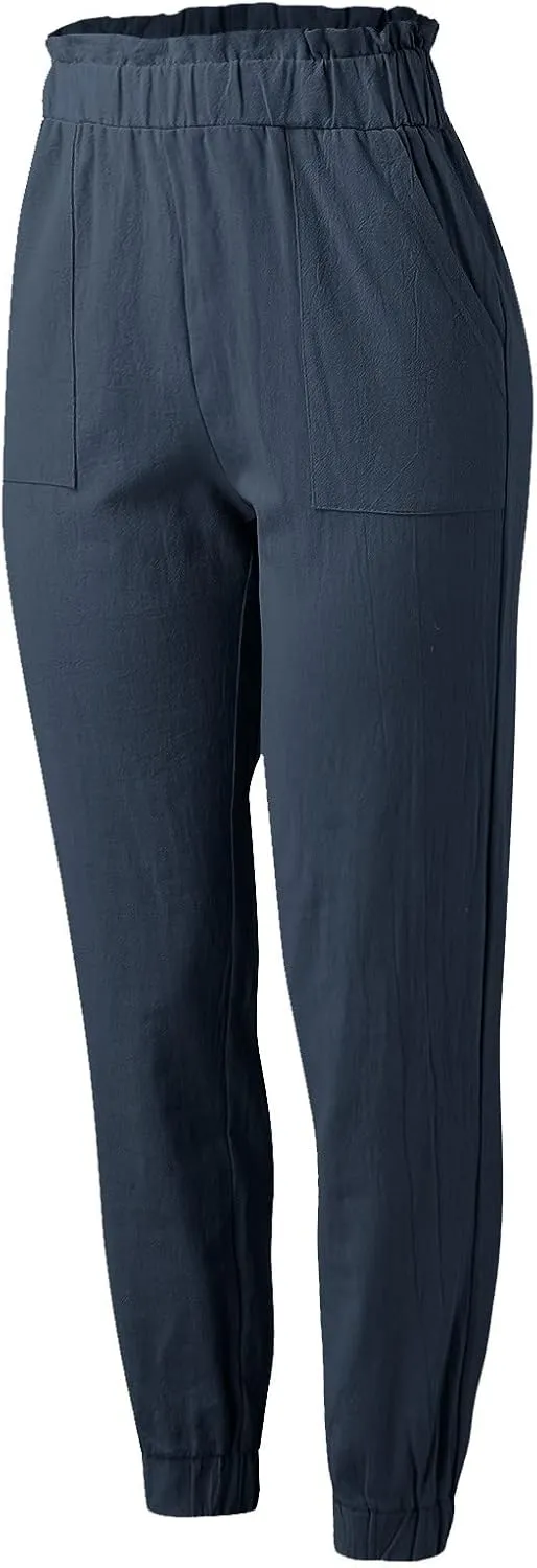 Women's Solid Color Fitted Elastic High Waist Joggers Summer Cotton Linen Soft Straight Leg Pockets Sweatpants Trousers