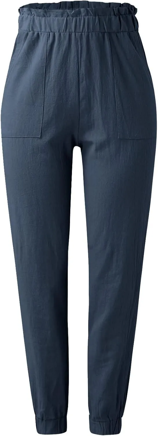 Women's Solid Color Fitted Elastic High Waist Joggers Summer Cotton Linen Soft Straight Leg Pockets Sweatpants Trousers
