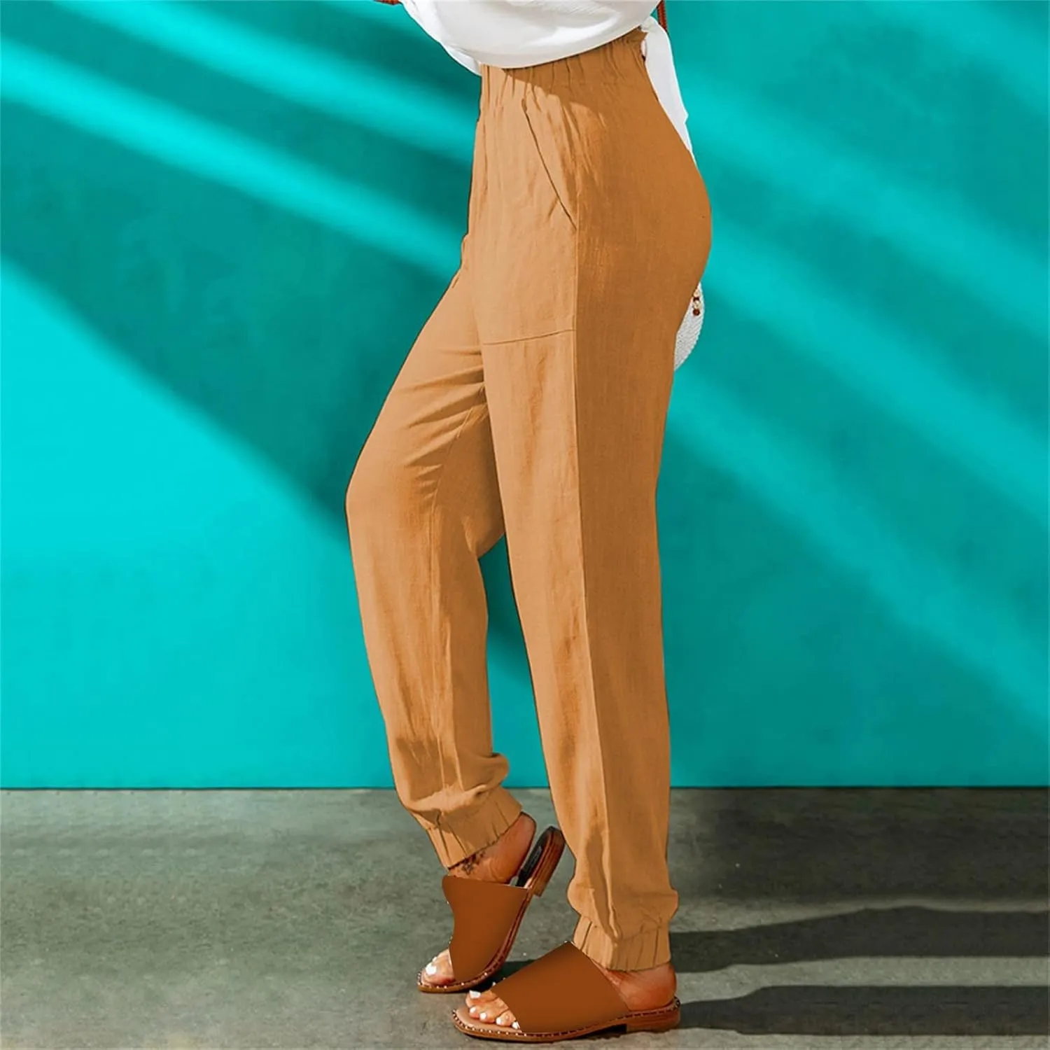 Women's Solid Color Fitted Elastic High Waist Joggers Summer Cotton Linen Soft Straight Leg Pockets Sweatpants Trousers
