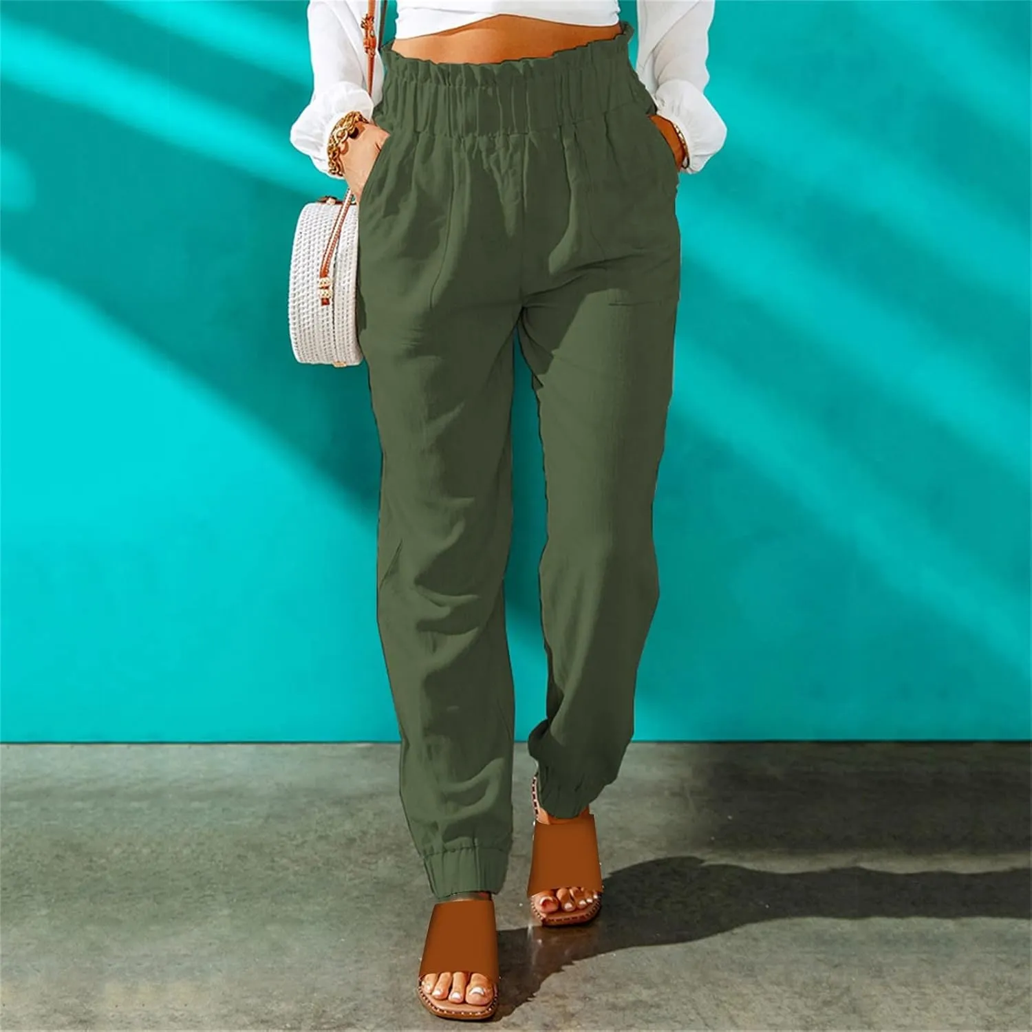 Women's Solid Color Fitted Elastic High Waist Joggers Summer Cotton Linen Soft Straight Leg Pockets Sweatpants Trousers