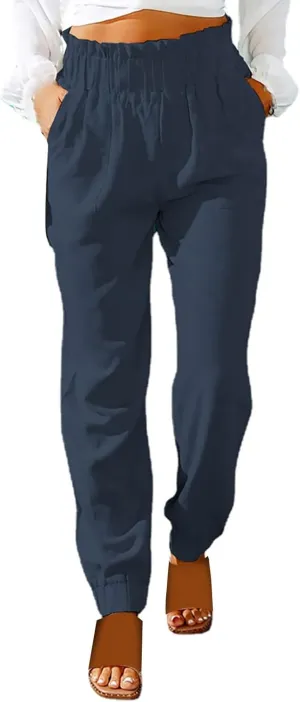 Women's Solid Color Fitted Elastic High Waist Joggers Summer Cotton Linen Soft Straight Leg Pockets Sweatpants Trousers